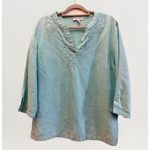 JM Collection 100% Linen Tunic 16 Embroidered Aqua Women 3/4 Sleeves Lagenlook